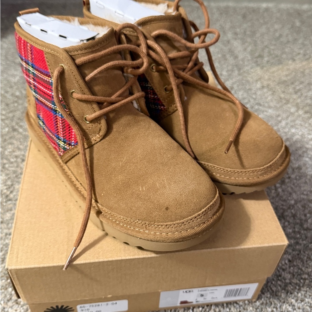 Kids Tan and Red Plaid Boots
